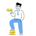 Investing in gold. Businessman with bunch of bullion. Stack of Yellow metal bars or ingot