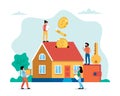 Investing money in real estate, buying house, small people doing various tasks. Concept vector illustration in flat