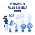 Investing in small business, landing page template. Startups, business incubator. Businesswoman or investor watering money trees.