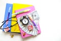 Investing time and money into education concept. Different school supplies, banknotes. Top view, close up. Royalty Free Stock Photo