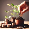 Investing to green business. Plant growing out of coins. Financial growth concept.