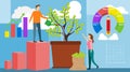 Investing vector illustration. Growing money tree. Deposit profit and wealth growing business. Teamwork persons