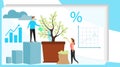 Investing vector illustration. Growing money tree. Deposit profit and wealth growing business. Teamwork persons