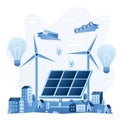 Investment in alternative energy concept background. Solar panel and windmills,money fly on paper airplanes