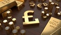 Investment and banking concept. Golden pounds symbol and coins. 3D rendered illustration