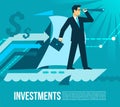 Investment business plans flat . Man looks at the far horizons of his business after investment stream on the sail of his ab