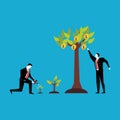 Investment concept. Business people watering and collecting profit plant