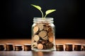 Investment concept, Coins in the glass money jar with tree growing, Growing stacks of coins and a jar of coins on a table, AI