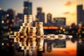 Investment concept, Coins graph stock market on blurred city background, Double exposure presenting a stack of coins against a