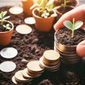 Investment concept, Coins in the ground and plant growth graph. Royalty Free Stock Photo