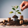 Investment concept, Coins are placed on the table,tree growing from pile of coins Royalty Free Stock Photo