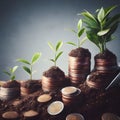 Investment concept, Coins with plant growing from pile of coins. Royalty Free Stock Photo