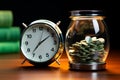 Investment concept dollars and a clock in a glass jar