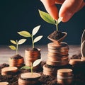 Investment concept, Plant growing out of coins with filter effect retro vintage style Royalty Free Stock Photo