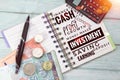 investment concepts with money, books, calculator pens and investment -related writing