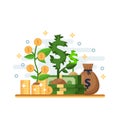 Investment, development and finance growth business concept. Dollar plant and tree with coins. Vector illustration. Royalty Free Stock Photo