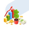 Investment, development and finance growth business concept. Vector isometric illustration of dollar tree, chart, coins