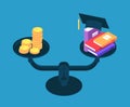 Investment in education. Money for college studying, books and golden coins on scales. Student loan vector concept
