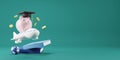 Investment education and scholarships concept design of piggy bank graduation cap sitting on the plane 3D render Royalty Free Stock Photo
