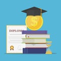 Investment in education. Stack of books, diploma, university student cap with coin and hourglass Royalty Free Stock Photo