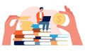 Investment in education. Student with laptop sit on stack of books. Hands holding coins vector illustration