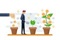 Investment finance growth business concept. Businessman putting coin in pot and watering money tree. Vector illustration Royalty Free Stock Photo