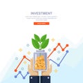 Investment and finance growth business concept. Hand holding clear bottle with coins and green tree. Vector illustration