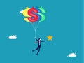 Investment and financial success. Businessman floating with balloons dollar sign catching star