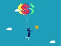 Investment and financial success. Businesswoman floating with balloons dollar sign catching star