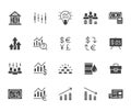 Investment flat icon set. Stock market, bond, financial analysis, broker, income increase black minimal silhouette