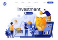 Investment flat landing page. People putting gold coins into piggy bank vector illustration. Financial investment, pension savings Royalty Free Stock Photo