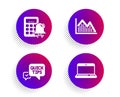 Investment graph, Quick tips and Calculator alarm icons set. Notebook sign. Vector