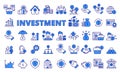 Investment icons set in line design blue. Business, Finance, Wealth, Growth, Income, Money, Investor, Portfolio, Risk