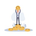 Investment management concept. Businessman raise the big golden coins on the coin stack. Flat vector cartoon character