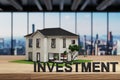 Investment, modern house villa style standing on wooden desk in modern office, skyline view, 3D Illustration