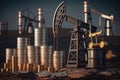 investment oil, crude market Stock concept explorati oil oil crude price Decrease coins stacks barrels jack pump Oil Royalty Free Stock Photo