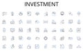 Investment line icons collection. Adjudication, Admiralty, Cargo, Collision, Commercial, Contract, Crew vector and