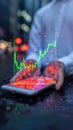 Investment prospects Phone hologram displays candlestick chart for trading ideas