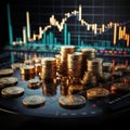 Investment prowess showcased through coins, forex graph, and LED brilliance