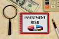 Investment risks - text label in the folder. Planning a strategy for successful placement