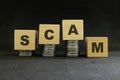 Investment scam, fraud and Ponzi scheme concept. Stack of coins on wooden blocks with word fraudulent in dark black background.