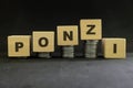 Investment scam, fraud and Ponzi scheme concept. Stack of coins on wooden blocks with word fraudulent in dark black background.