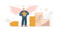 Investment in startup with man looks like angel, vector illustration isolated.