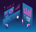 Investment strategy isometric concept. People with analytics data diagrams. Digital business technology marketing 3d Royalty Free Stock Photo