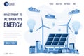 Investment to alternative energy landing page template. Solar panel and windmills,money fly on paper airplanes