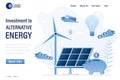 Investment to alternative energy landing page template. Solar panel and windmills,money fly on paper airplanes