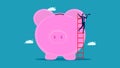 Investment vision and saving money. A businessman climbs a ladder with binoculars on a piggy bank