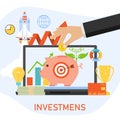 Investments capital investment. The hand throws a coin into the piggy bank. Vector cartoon illustration