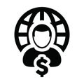 Investor icon vector globe dollar sign currency money with male person profile avatar symbol for a business network