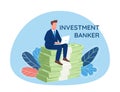 Investor sitting on pile of money 2D vector web banner, poster